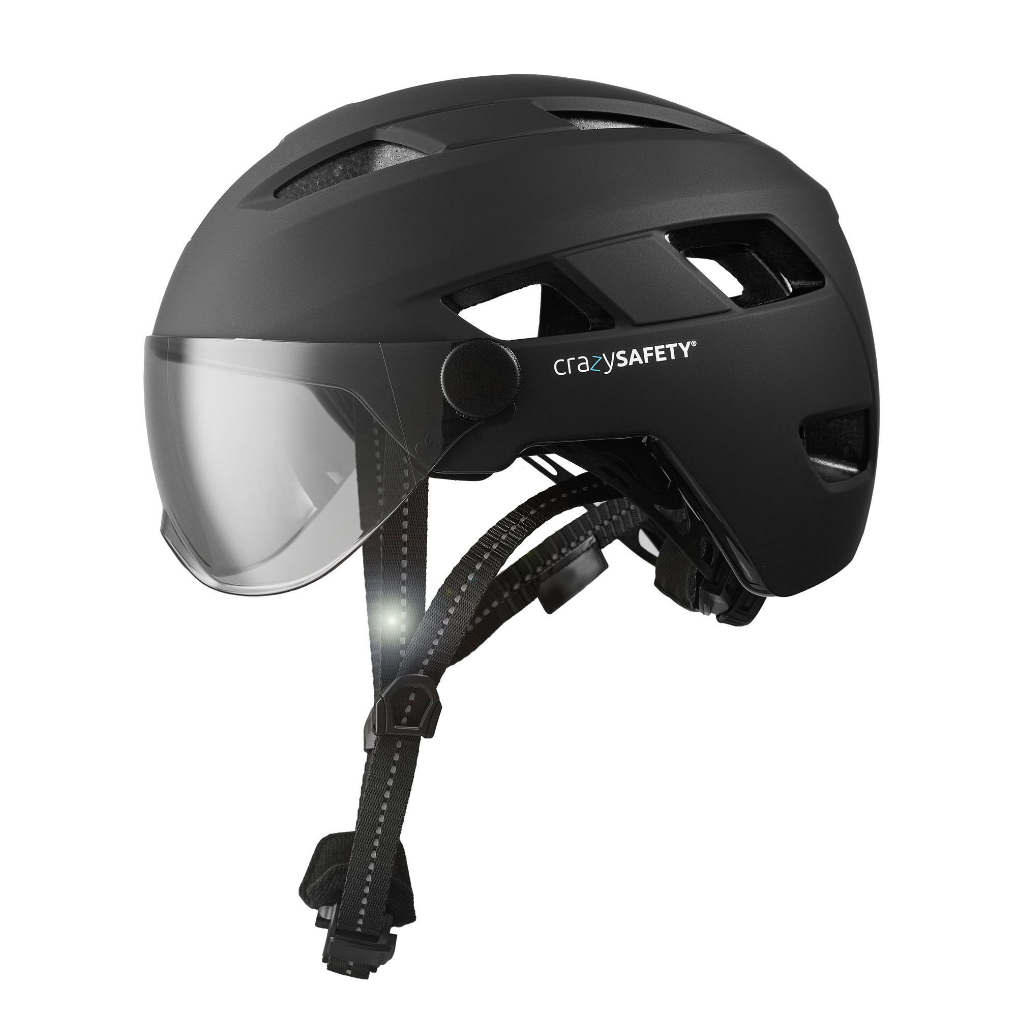 OAK E-Bike bicycle helmet with UV visor, LED lights, reflective straps, and Fidlock buckle