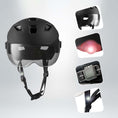 Load image into Gallery viewer, OAK E-Bike bicycle helmet with UV visor, LED lights, reflective straps, and Fidlock buckle
