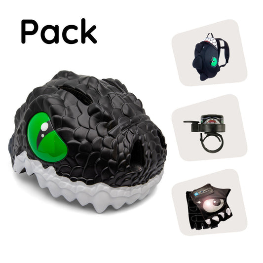 Product bundle: Black dragon bike helmet, dragon backpack, cycling gloves, and dragon ring bell for children