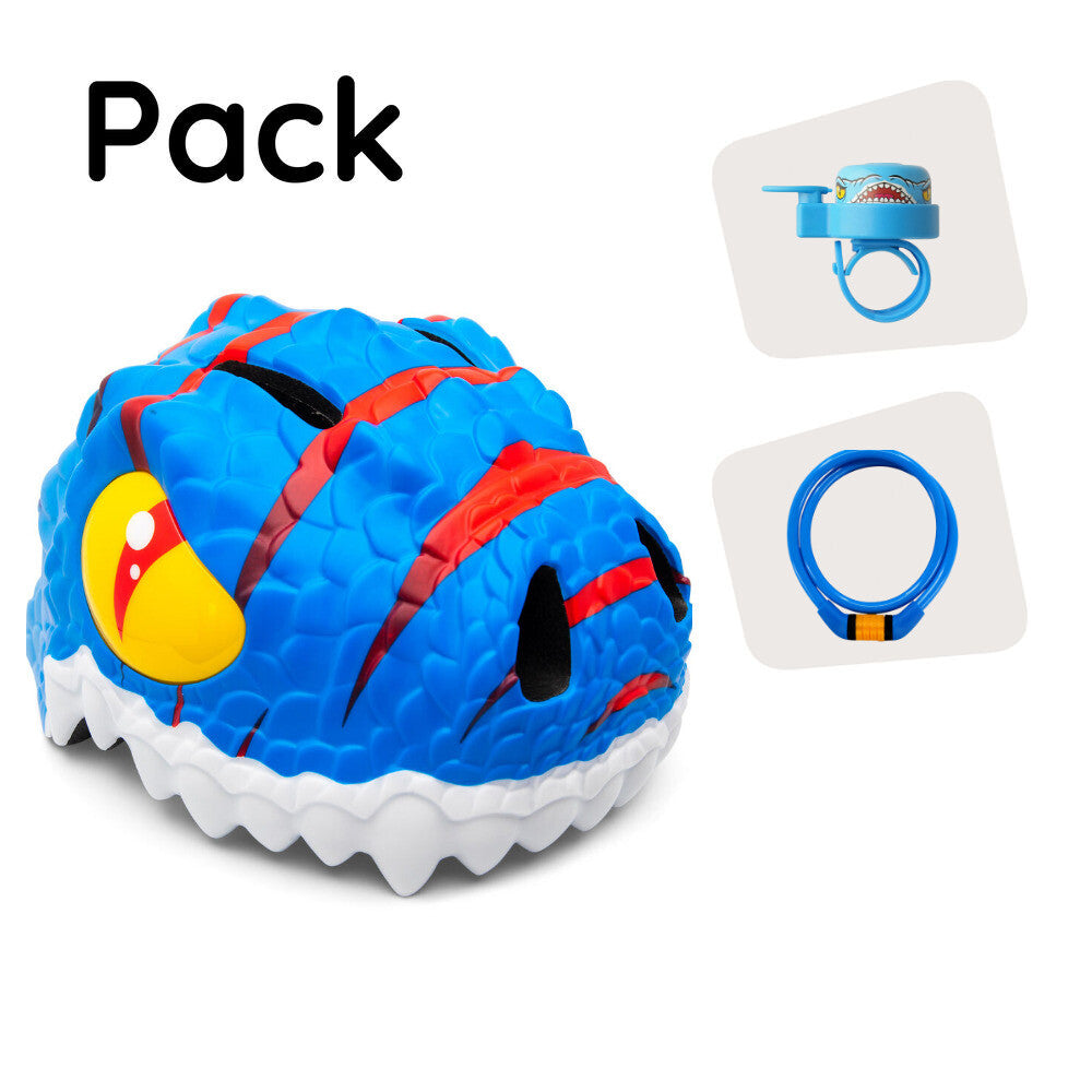 Product bundle: Blue Dino bike Helmet, Lock, and Dinosaur bell for Children