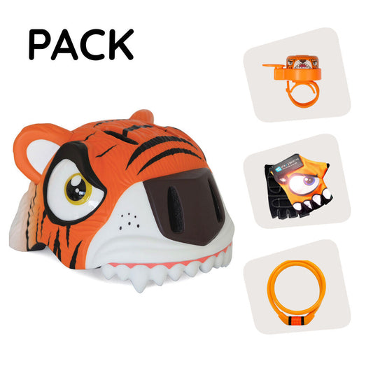 Pacchetto prodotto: Casco da bici con tigre arancione, guanti da ciclismo, lucchetto e campanello con tigre per bambini.