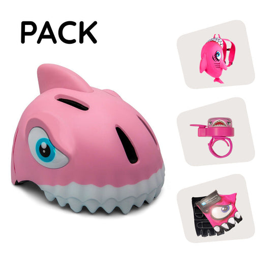 Pacchetto prodotto: Casco da bicicletta Shark Rosa, Zaino Shark, Guanti da ciclismo Shark e Campanello Shark per bambini