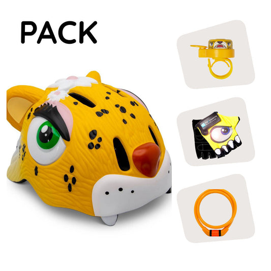 Pacchetto prodotto: Casco da bici leopardo giallo, guanti da ciclismo, lucchetto e campanello a forma di leopardo per bambini