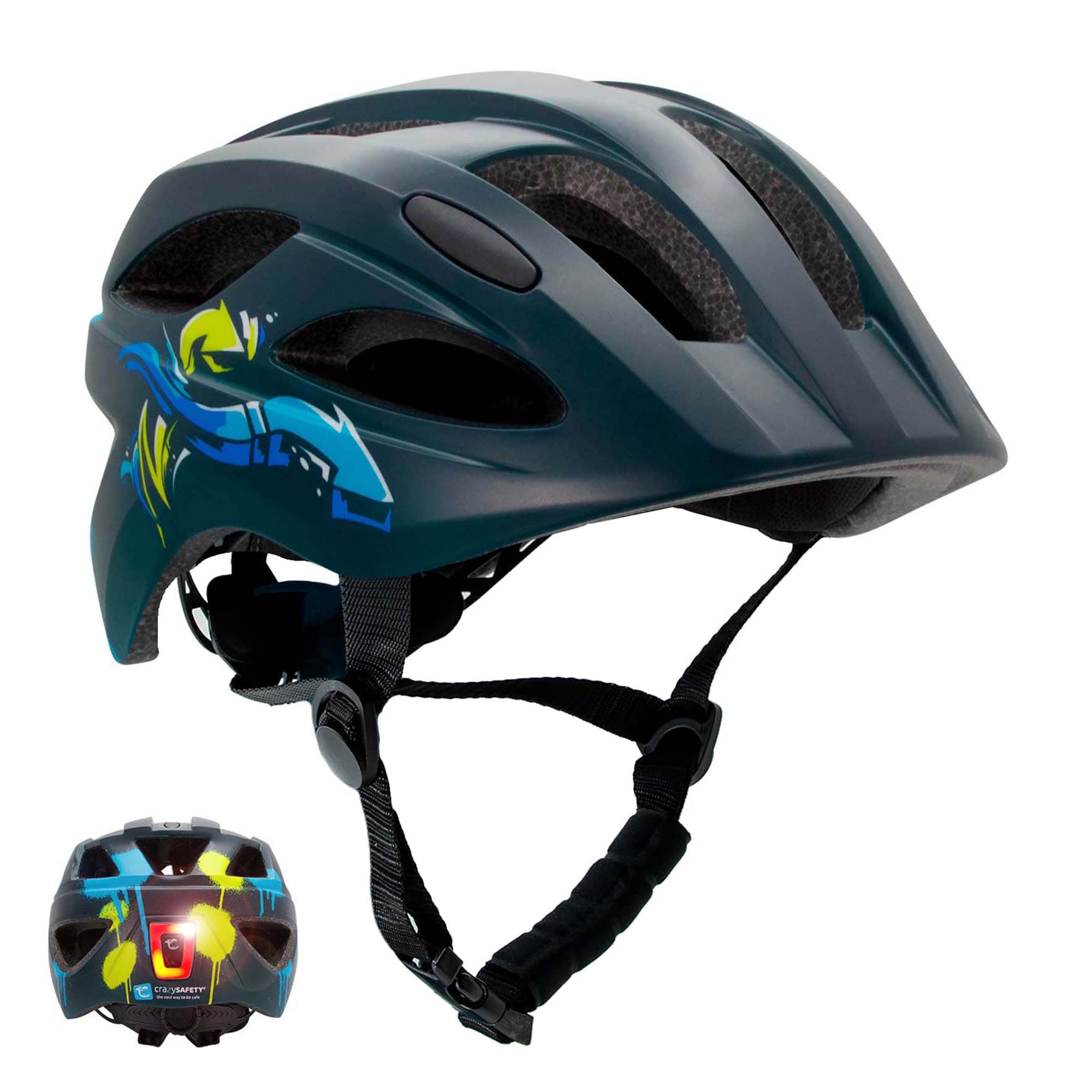 Crazy Safety Bicycle helmet Black/green / M (54-58cm) Graffiti Splash children's helmet with light