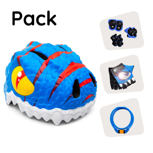 Crazy Safety Bicycle helmet Product bundle: Blue dino bike helmet, protective gear, lock, and cycling gloves for kids.