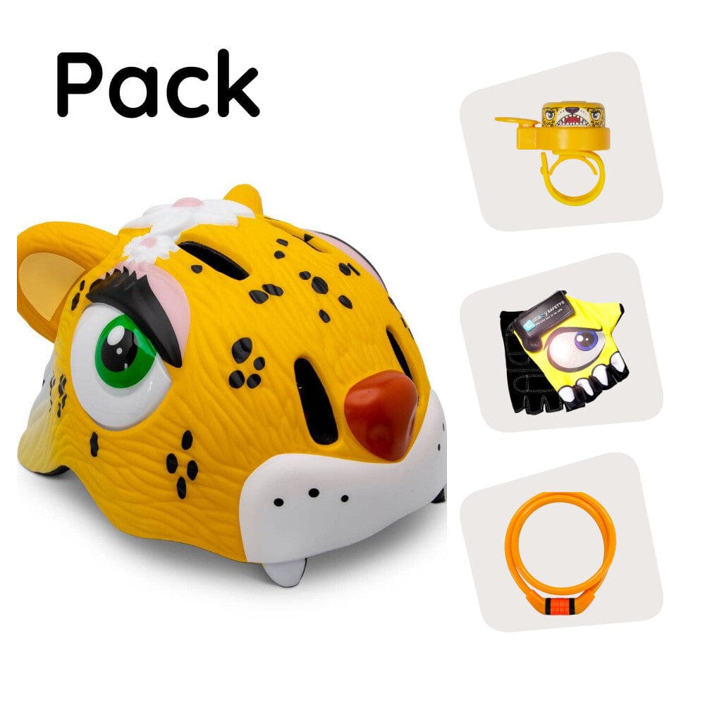 Crazy Safety Bicycle helmet Product bundle: Yellow leopard bicycle helmet, cycling gloves, lock, and leopard ring bell for children